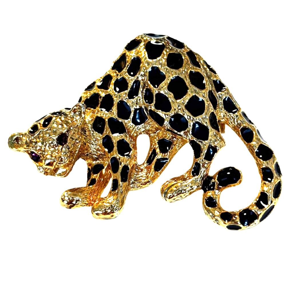 Vintage Park Lane leopard brooch pendant gold plated black enamel Mid Century